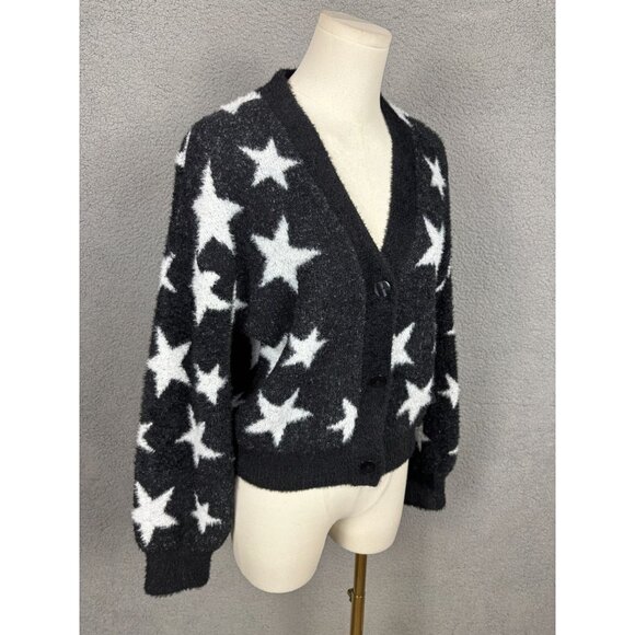 Madden Girl Juniors' Star Print Novelty Eyelash Button-Front Sweater Black S NWT - Picture 3 of 8